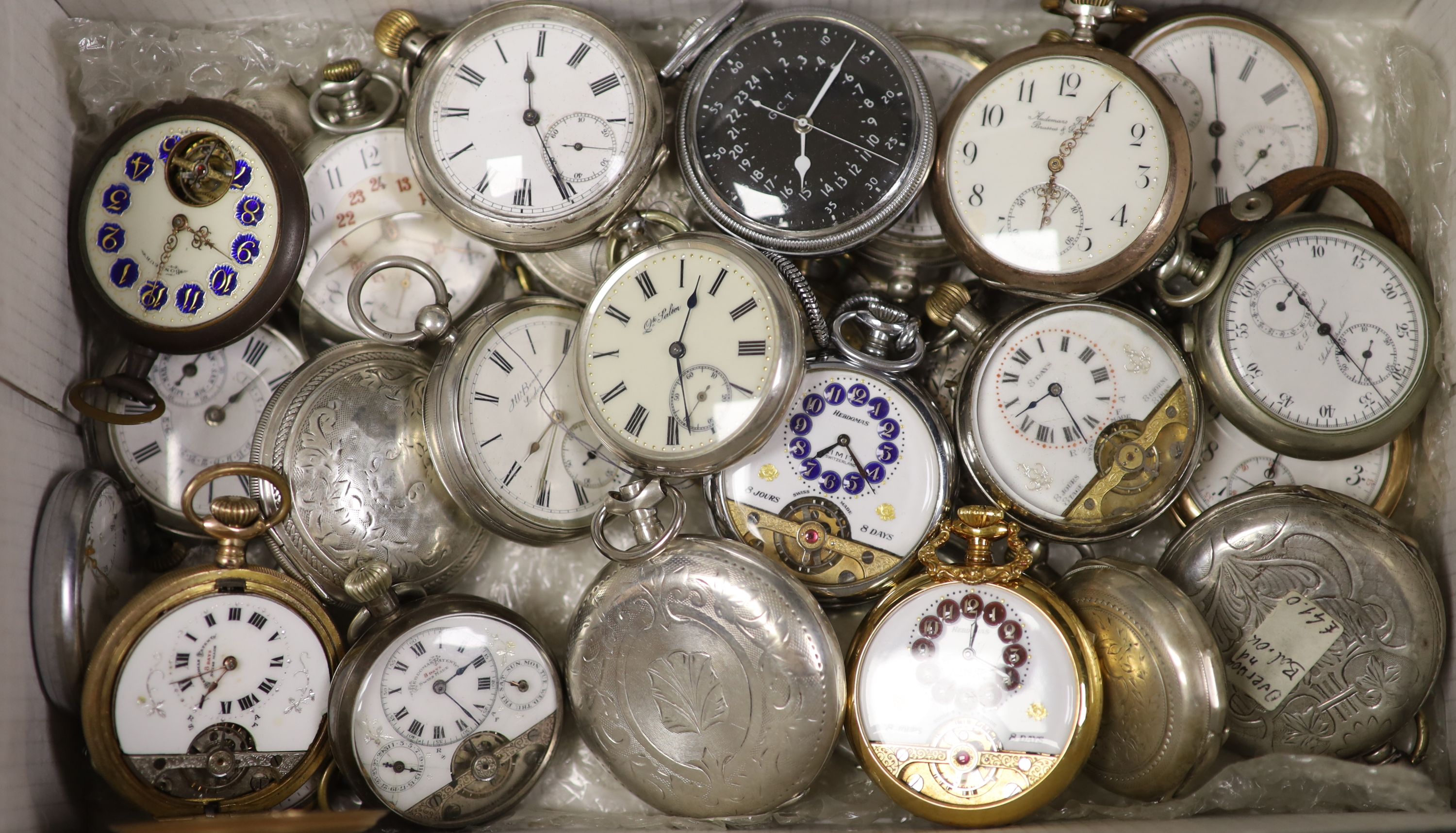 A collection of assorted, mainly base and white metal pocket watches, including Hebdomas, Hamilton and J.W. Benson